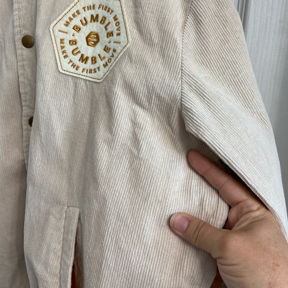 Bumble Dating App Corduroy Jacket Size Medium Tan Varsity Snap Front Lined - Picture 6 of 8